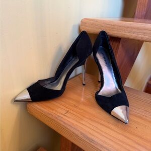bebe Black Suede Pointed Toe Pumps with Silver Cap Toe